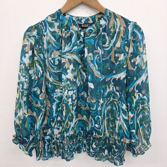 Womens PL Blue Green Sheer Blouse Ruffle Hem Smocked Boho Lightweight Top - Picture 3 of 15